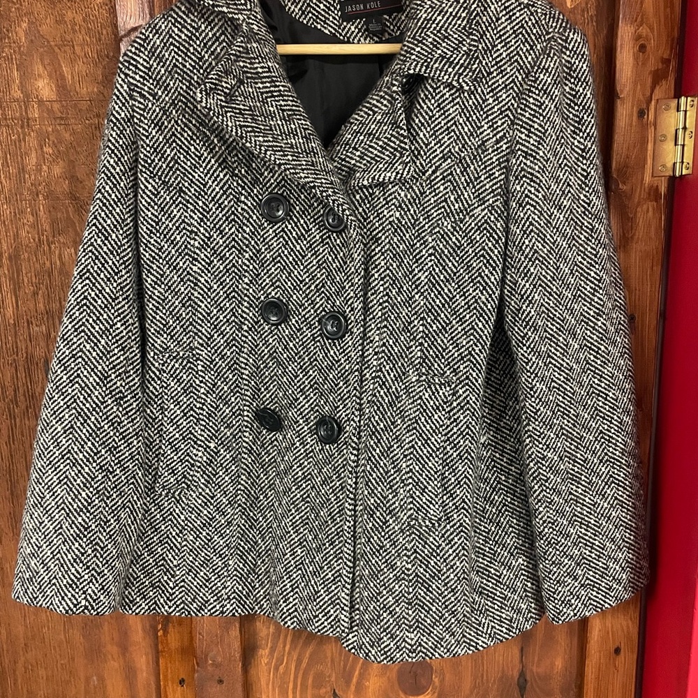 Jason Kole / Black and White Herringbone Pea Coat